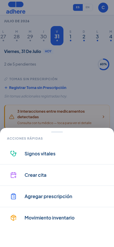 Menú de acciones rápidas con Agregar prescripción visible