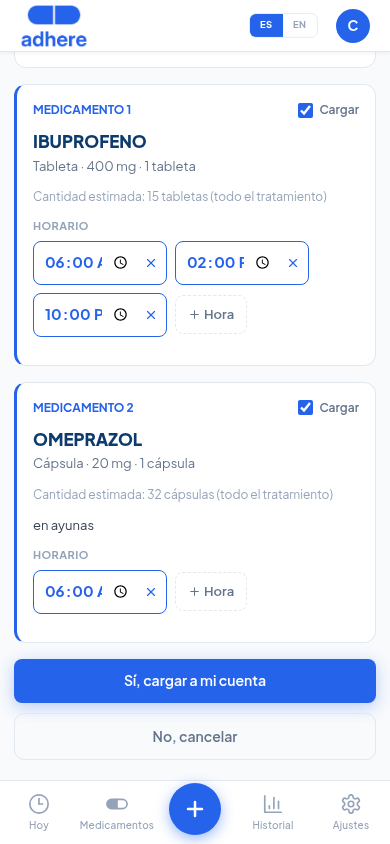 Segundo medicamento con horario editable y botones de confirmación