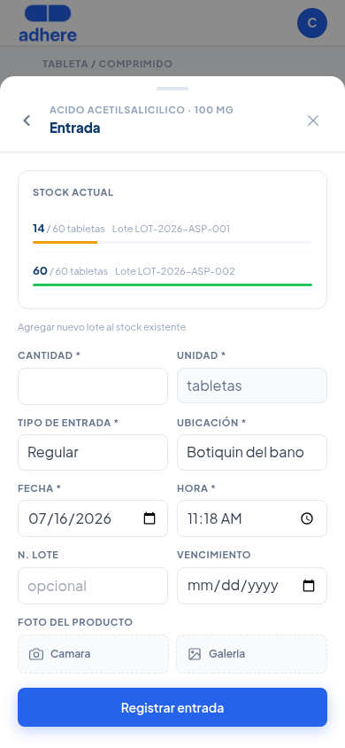 Formulario de Entrada con barras de stock por lote y campos cantidad, unidad, ubicacion, fecha, lote y vencimiento