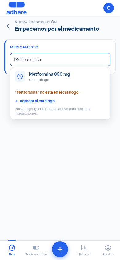 Búsqueda de medicamento mostrando resultado del catálogo propio