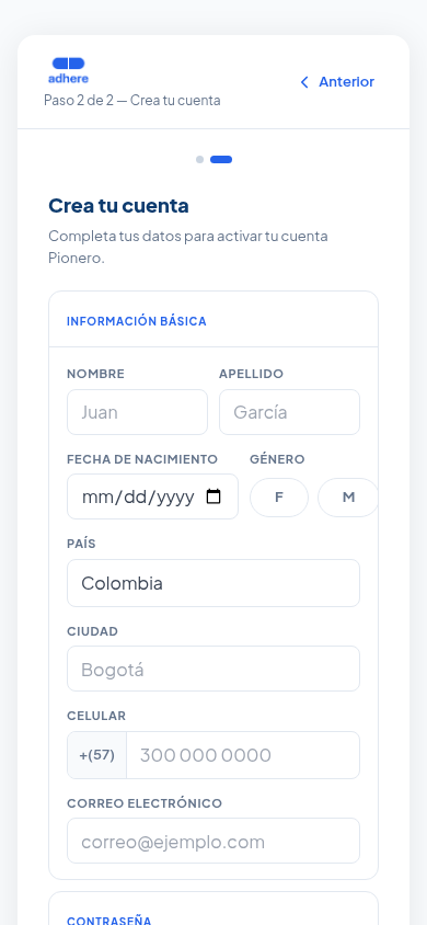 Paso 2 de 2, Crea tu cuenta, con los 8 campos de información básica