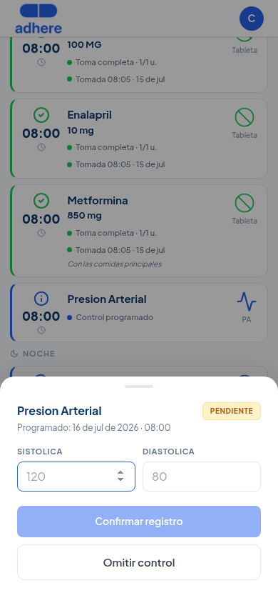 Hoja de confirmación del control programado con campos Sistólica y Diastólica y botones Confirmar registro u Omitir control