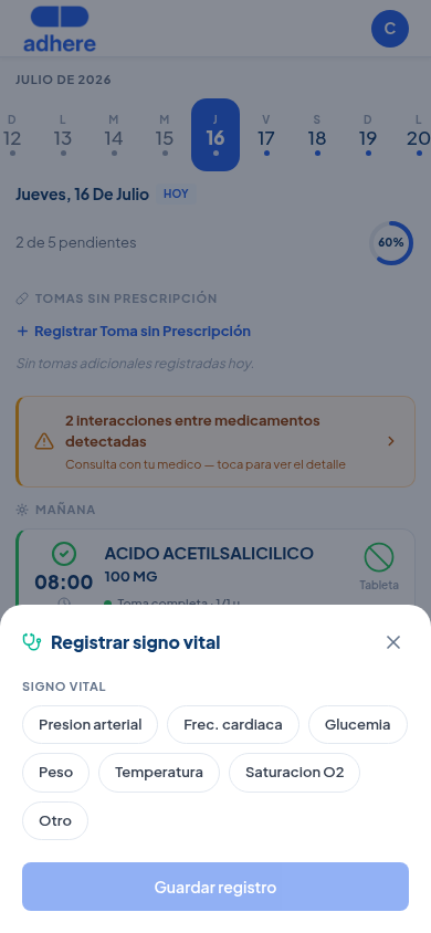 Hoja de registro de signo vital con selector de chips