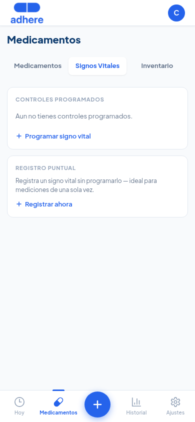 Pestana Signos Vitales dentro de Medicamentos con el enlace Programar signo vital
