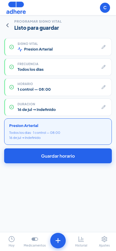 Resumen final del horario antes de guardar, con las 4 secciones confirmadas